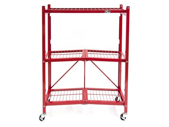 R3-11W Heavy Duty Foldable 3 Tier Metal Shelf Wire Rack Storage Unit Organizer with 3 Inches Wheels for Garage, Basement, or Laundry Room - Red
