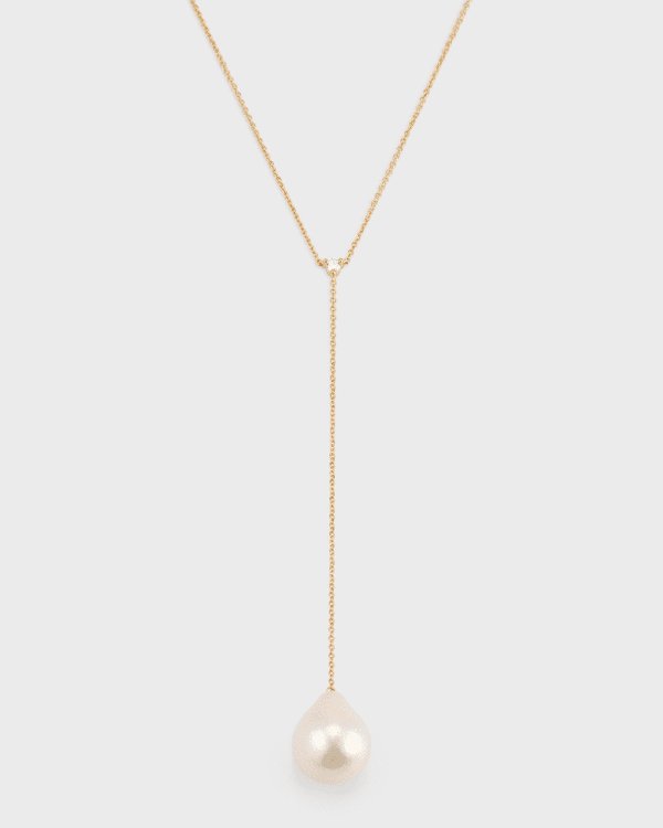 14k Gold Freshwater Pearl and Diamond Lariat Necklace 16"L