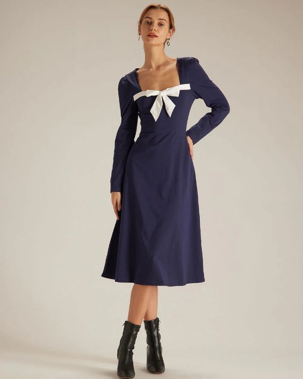 The Navy Bowknot Collar Contrast Midi Dress