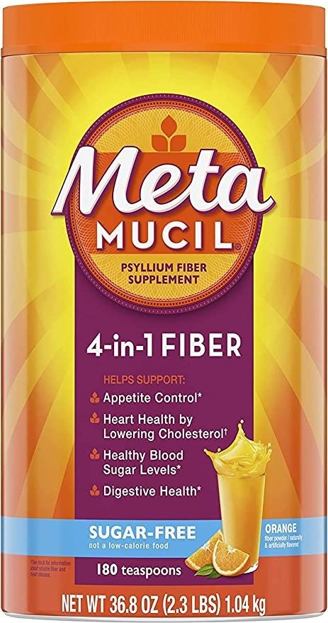 Metamucil Sugar-Free Fiber Supplement, 180 Servings, 4-in-1 Psyllium Husk Powder, Orange Smooth Sugar Free, 36.8 Ounce, 2.3 Pound