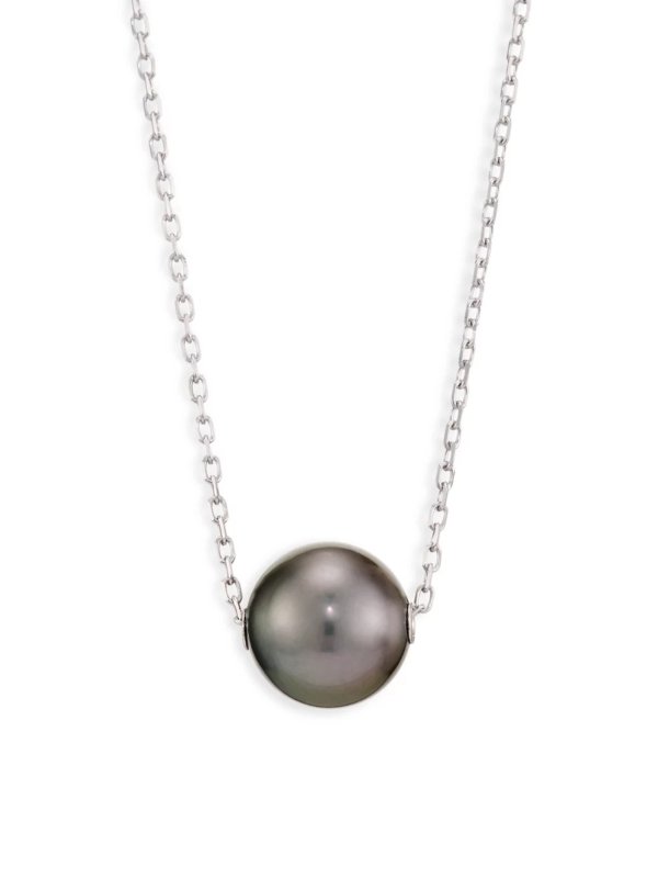 10MM Black Cultured Pearl & 18K White Gold Pendant Necklace