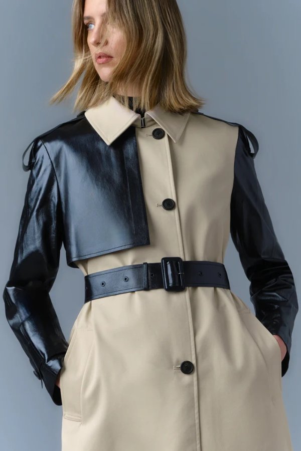 LEIKO Maxi Two-Toned Twill & Leather Trench