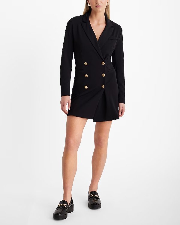 Double Breasted Padded Shoulder Gold Button Mini Blazer Dress