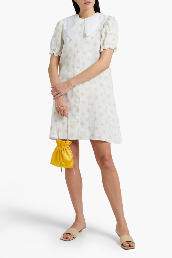 Marie lace-trimmed printed linen mini dress