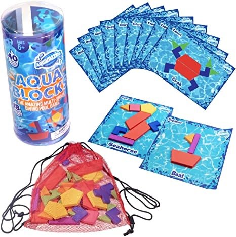 Aquamazing Aqua Blocks Pool Diving Game- Set Includes 40 Multi-Shape Sinking Toys,18 challenge cards w/ 3 difficulty levels, Mesh Storage Bag- Summer Water Activity For Kids, Families, Swimming Party