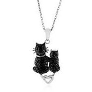 Sterling Silver Black Diamond Cats Pendant with 18"Chain