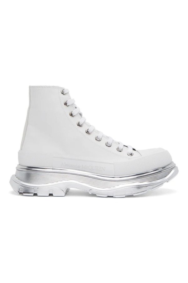 White & Silver Tread Slick Platform High Sneakers