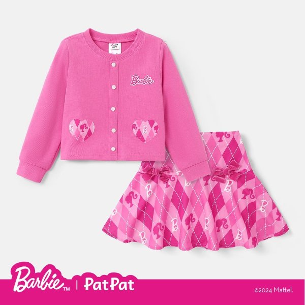 Barbie Kid Girl 2pcs Heart Print Corduroy Top and Plaid Skirt Set