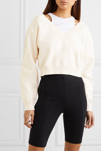Cropped layered knitted and stretch-cotton jersey sweater