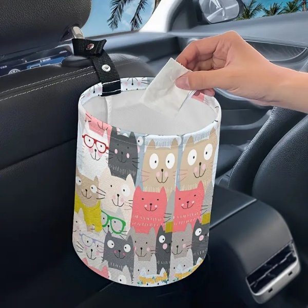 1pc Cute Kitten Cat Pattern Car Trash Can Lightweight, No Installation Required, Practical And Large Capacity, Car Accessories, Car Interior Decor
