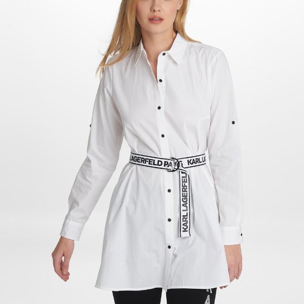 BUTTON UP BELTED POPLIN BLOUSE