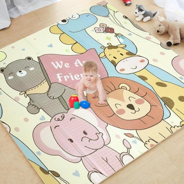 Baby Play Mat, Large(79"×71") XPE Waterproof Foam Foldable Baby Crawling Mat with Reversible Animal Friends Double-Sided Patterns, Anti-Slip Floor Playing Mats