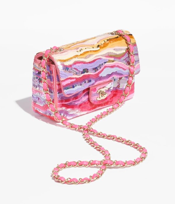Mini flap bag, Embroidered satin, sequins & gold-tone metal, yellow, purple & pink — Fashion | CHANEL