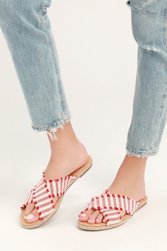 Koren Red Striped Espadrille Slide Sandals
