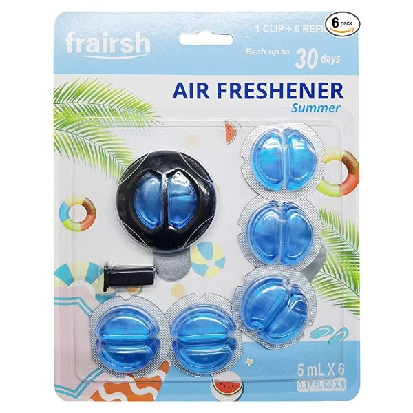 Frairsh Summer Scent Car Air Freshener Vent Clips 6 Pack, 5ml each, Up to 180 Days Long Lasting Flower and Plant Based Essential Oil Car Air Freshener Odor Neutralization, 0.17 fl oz x 6