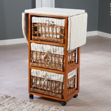 Wood Wicker Ironing Board Center with Baskets