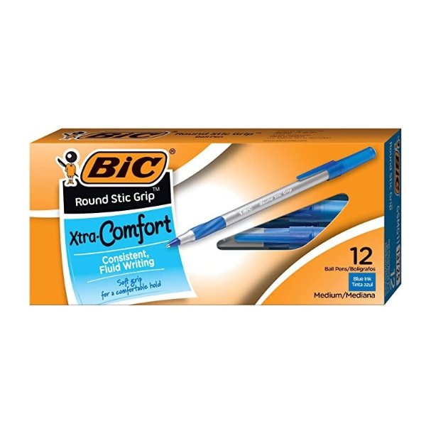 Round Stic Grip Xtra Comfort Ballpoint Pen, Medium Point (1.2mm), Blue, 12-Count