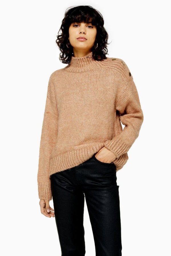 Camel Knitted Button Shoulder Sweater