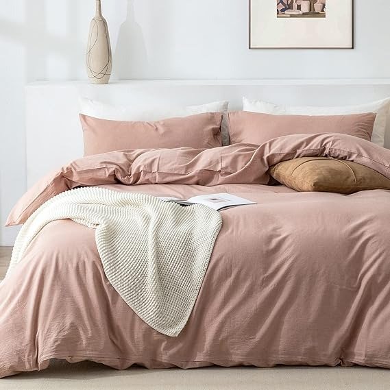 Queen Duvet Cover Set- 100% Washed Cotton 3 Pcs Soft Comfy Breathable Chic Linen Feel Bedding, 1 Duvet Cover and 2 Pillow Shams, Pink