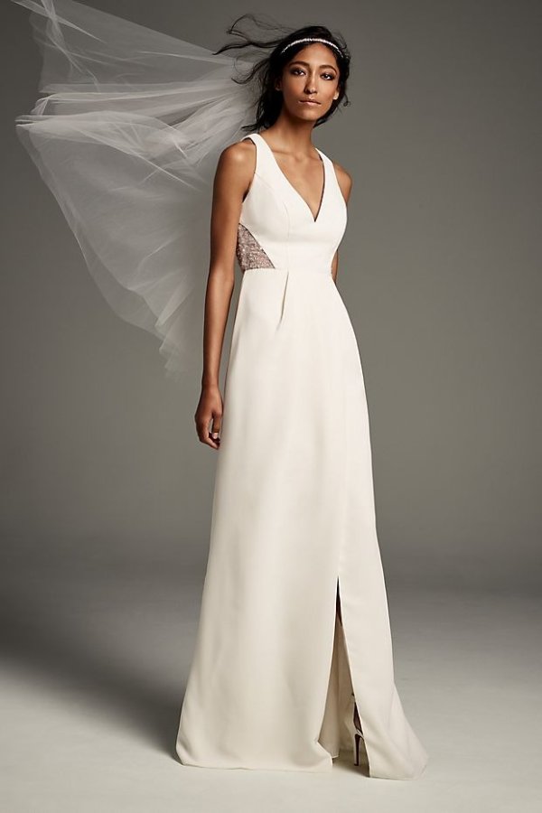 Open-Back Cady Sheath Gown with Illusion Sides