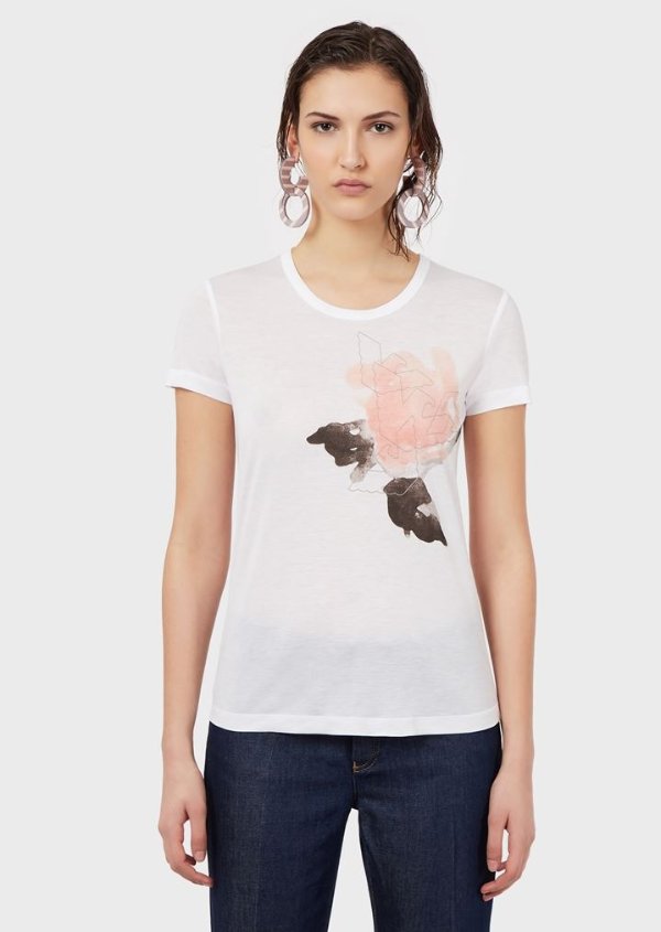 Micro Modal T Shirt With Eagle Print On Watercolour Rose for Women | Emporio Armani