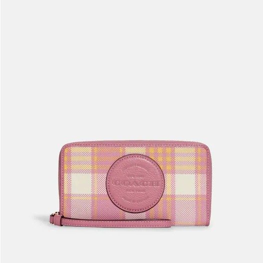 Dempsey Large Phone Wallet With Garden Plaid Print And Coach Patch