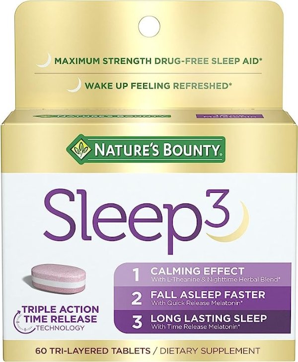 Nature’s Bounty Sleep3 Melatonin 10mg, Maximum Strength 100% Drug Free Sleep Aid, Dietary Supplement, L-Theanine & Nighttime Herbal Blend Time Release Technology, 60 Tri-Layered Tablets