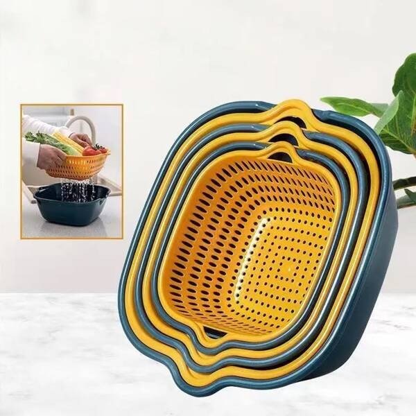 6pcs Thickened Grey And White Double-layer Vegetable Washing And Draining Basket Set