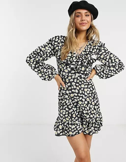 Curve mini wrap dress with frill neck and pep hem in black base daisy print 