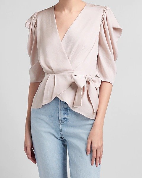 Puff Sleeve Wrap Front Top