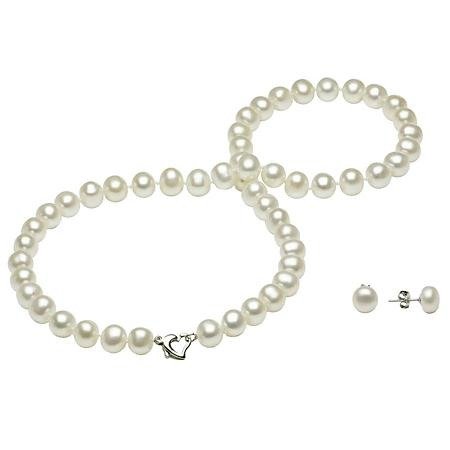 Sterling Silver Heart Clasp Freshwater Pearl Necklace and Earring Set (7-8mm) - Sam's Club