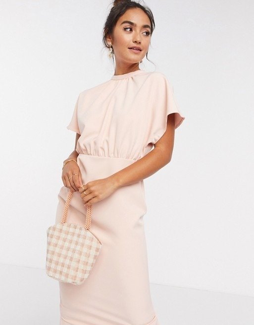 high neck midi dress with fluted sleeve in blush pink | ASOS