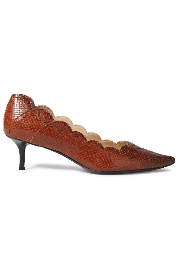 Scalloped snake-effect leather pumps