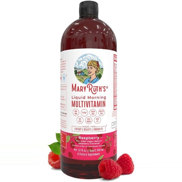 Morning Liquid Vitamins by MaryRuth's (Raspberry) Vegan Multivitamin A B C D3 E Trace Minerals & Amino Acids for Energy, Hair, Skin & Nails for Men & Women - Paleo - Gluten Free - 0 Sugar - 32oz