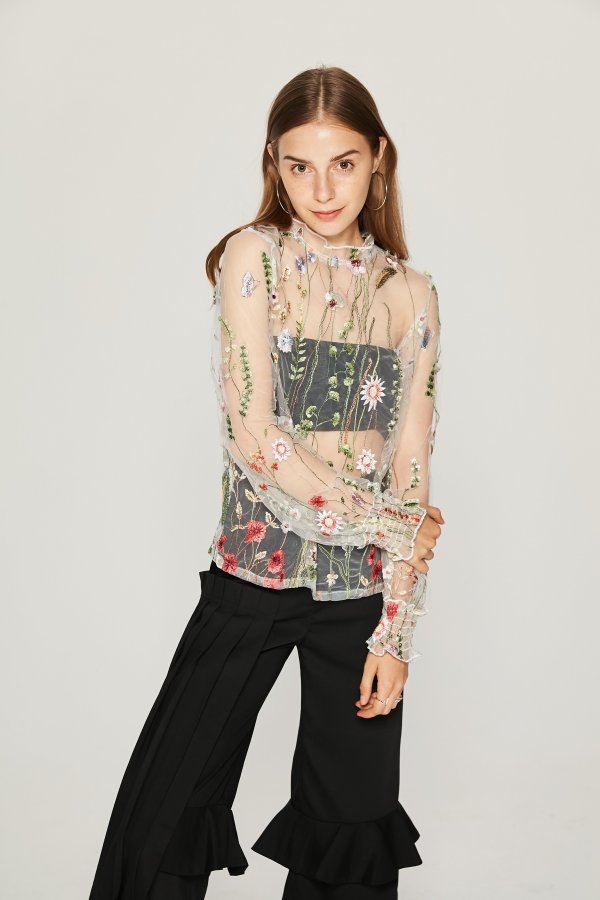 High Neck Embroidery Flower Mesh Top TP1891
