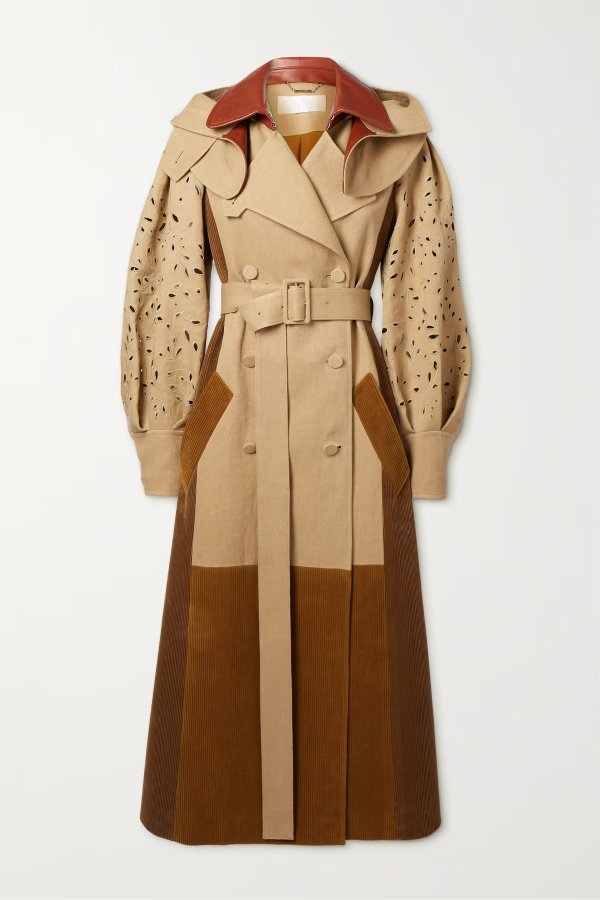 Paneled broderie anglaise cotton-canvas and cotton-corduroy trench coat