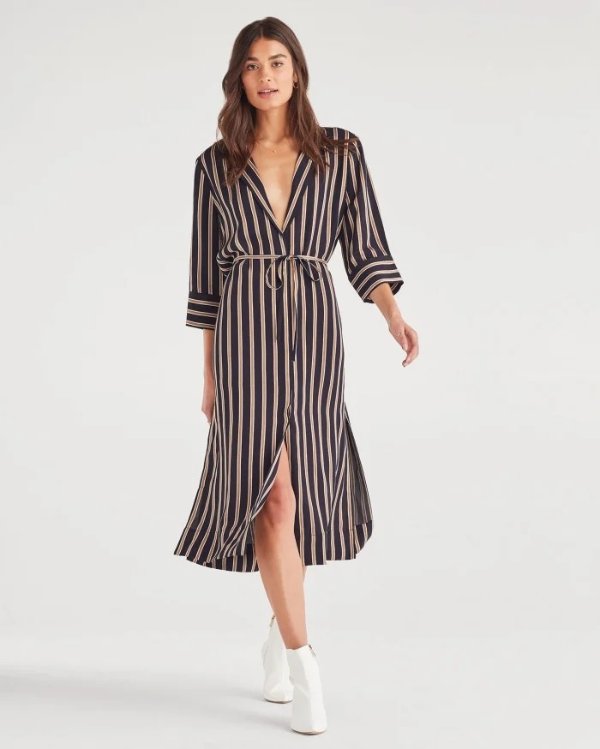 Maxi Shirt Dress with Side Slits in Gold Navy Stripe