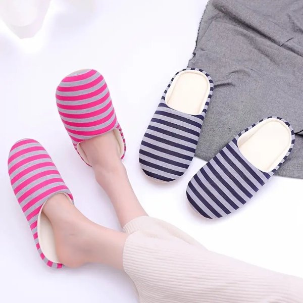 Women's Striped Indoor Slippers, Plush Closed Toe Soft Non Slip Slides Shoes, House Bedroom Slides