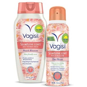 Vagisil Scentsitive Scents Multipack, Daily Intimate Feminine Wash (12 oz.), and Dry Wash Deodorant Spray for Women (2.6 oz.) - Peach Blossom Scent