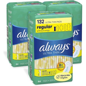 ALWAYS Ultra Thin Size 1 Regular Pads Without Wings Unscented, 44 Count, pack of 3