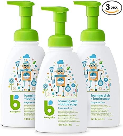 Foaming Dish & Bottle Soap, Pump Bottle, Fragrance Free, Plant-Derived Cleaning Power, Removes Dried Milk, 16 Fl Oz, (Pack of 3), Packaging May Vary