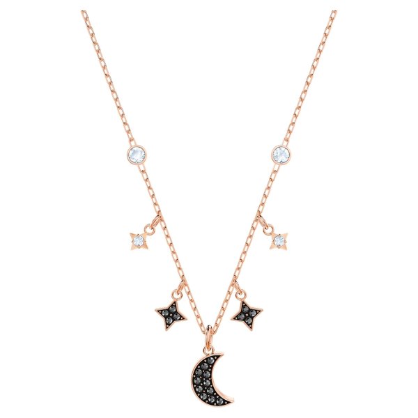 Symbolic necklace, Moon and star, Black, Rose gold-tone plated by