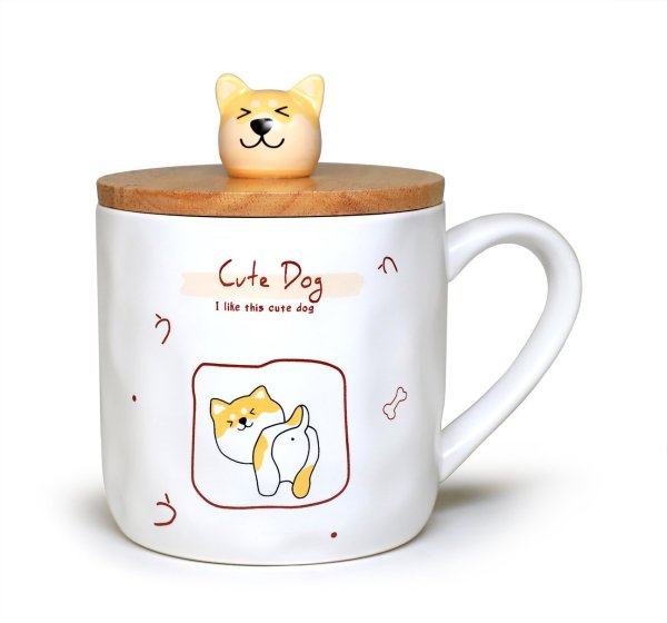 Cute Dog Ceramic Mug with Spoon and Wood Lid (Random Patterns) from Apollo Box