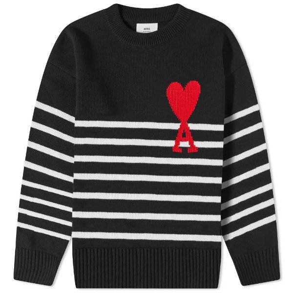 Large A Heart Striped Crew KnitBlack, White & Red