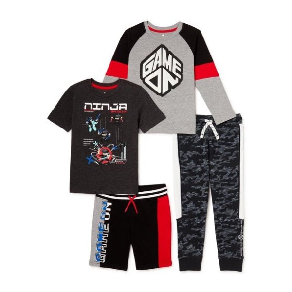 Boys Graphic Tee's, Pant and Short, 4-Piece Outfit Set, Sizes 4-10