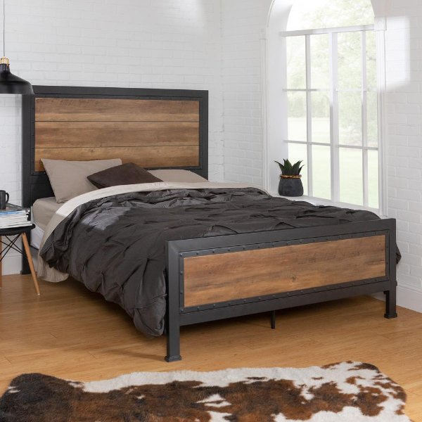 Queen Size Rustic Oak Industrial Wood and Metal Bed