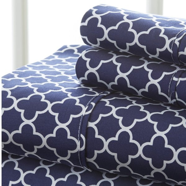 The Home Spun Premium Ultra Soft Quatrefoil Pattern 4-Piece Queen Bed Sheet Set - Navy