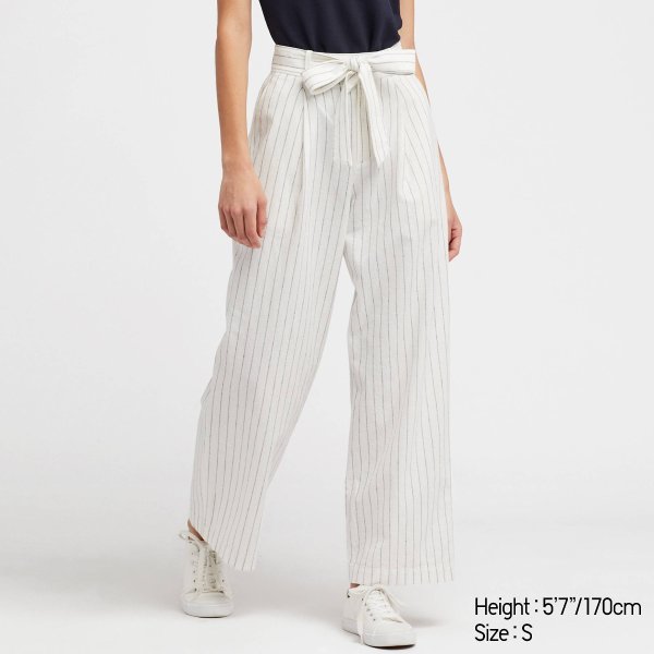 WOMEN BELTED LINEN COTTON WIDE STRAIGHT PANTS
