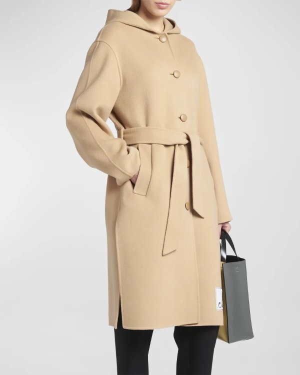 Logo-Patch Hooded Wool Cashmere Coat