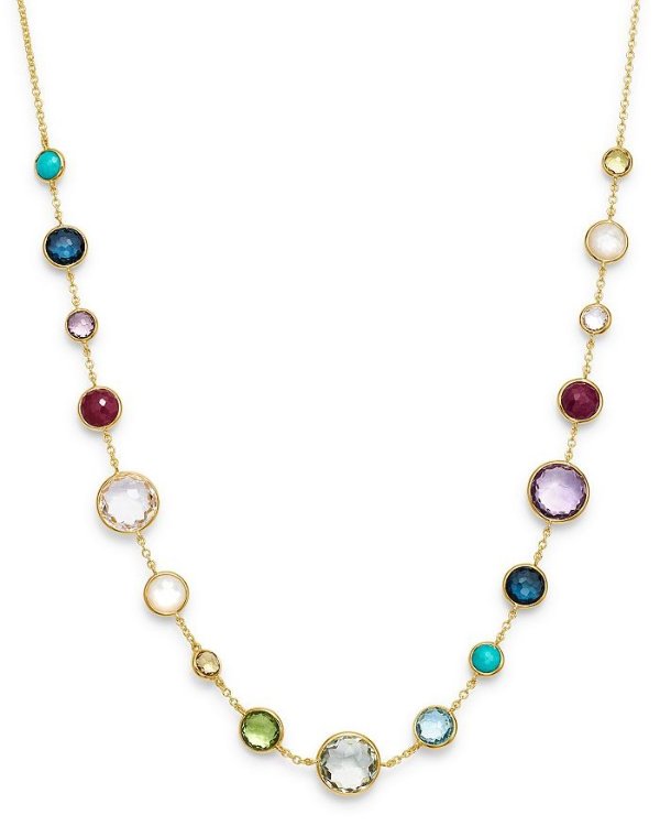 18K Yellow Gold Lollipop Lollitini Clear Quartz, Mother of Pearl, Green Gold Citrine, Peridot, Green Agate, Blue Topaz, Turquoise, London Blue Topaz, Amethyst & Pink Tourmaline Short Necklace, 18"